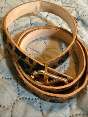 V Logo Gold Buckle Leopard Print Belt Vegan Faux Fur Womens Thin Black/Tan/Beige